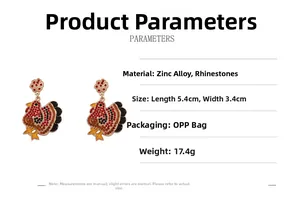 Detailed technical specifications and dimensions for colorful rhinestone rooster earrings