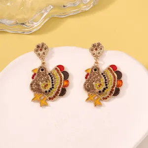 Luxurious Thanksgiving turkey drop earrings with micro-inlaid rhinestones and colorful enamel