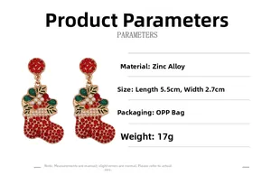 Detailed size specifications for Christmas stocking earrings featuring red and green rhinestones