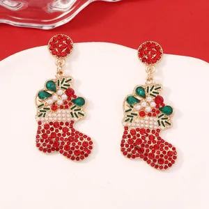 Sparkling Christmas stocking drop earrings with red rhinestones and white pearls