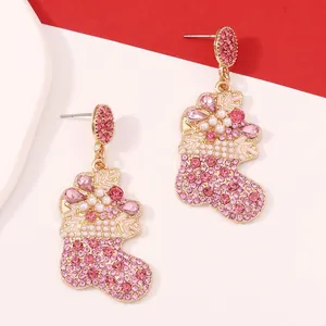Pink rhinestone Christmas stocking earrings with white pearls in gold-plated finish