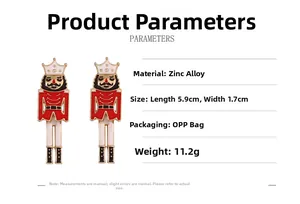 Detailed specs of nutcracker earrings in zinc alloy, 5.9x1.7cm and 11.2g weight