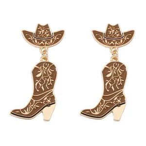 Western style brown cowboy hat and boot drop earrings with floral gold metallic details