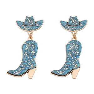 Blue and gold western cowboy hat and boot dangle earrings with glitter enamel finish