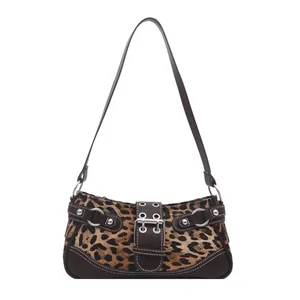Retro leopard print shoulder bag with vintage buckle and silver studs for women