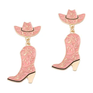 Pink western cowboy hat and boot earrings with sparkling enamel and floral pattern