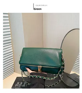 Detail of green litchi texture leather crossbody bag with golden chain and zipper