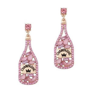 Pendientes de botella de champán con diamantes de imitación rosas y detalles de corona