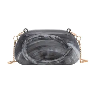 Acrylic marble clutch evening bag with gold chain strap and ring handle for women