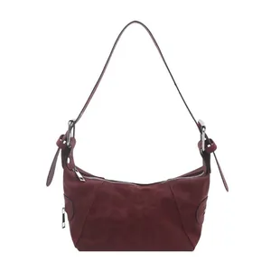 Retro burgundy suede tote bag with leopard emboss and adjustable knotted shoulder strap