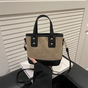 Vintage Ruitjespatroon Faux Suède Bucket Bag Voor Dames Mode Synthetisch Leer Patchwork Handtas Schouder Crossbody Tas
