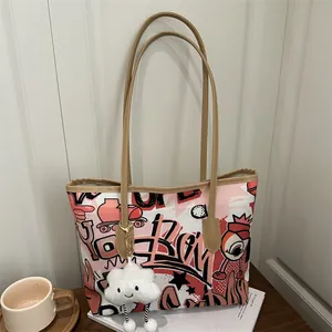 Women Graffiti Canvas Tote Bag Large Capacity Print Shoulder Bag With Plush Cloud Pendant Casual Fashion Handbag