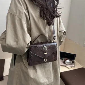 Deep reddish brown crocodile pattern small square crossbody bag for urban women
