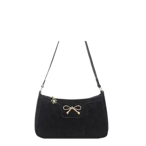 Chic black leopard embossed shoulder bag with gold bow accent and flower charm
