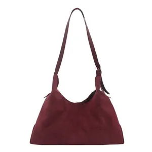Retro burgundy large capacity suede hobo bag with adjustable strap in minimalist style