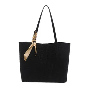 Black faux suede leopard print tote bag with vintage chain pattern decorative scarf