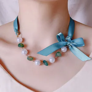 Französischer Vintage Kunstperle Satin Bandschleife Anhänger Halskette Für Damen Elegante Glasurperle Handgemachter Choker Schmuck