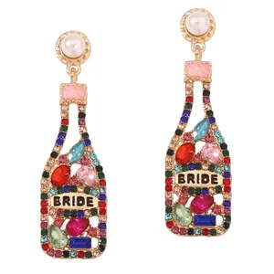 Luxus Zinklegierung Strass Weinflasche Hängeohrringe Mit Künstlicher Perle BRIDE Buchstabe Für Hochzeit Junggesellinnenabschied Damen Schmuck
