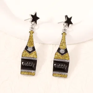 Fashionable wine bottle enamel earrings with black star studs and bubbly lettering