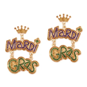 Pendientes Colgantes Mardi Gras De Aleación De Zinc Corona Letras Purpurina Morado Verde Dorado Para Fiesta Mujer Joyería