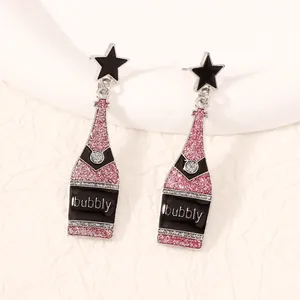 Fashionable wine bottle enamel earrings with pink glitter finish and black star studs