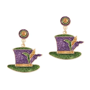 Pendientes Colgantes de Sombrero de Copa de Mardi Gras para Mujer Aleación de Zinc Púrpura Verde Oro Brillo Joyería de Fiesta de Carnaval