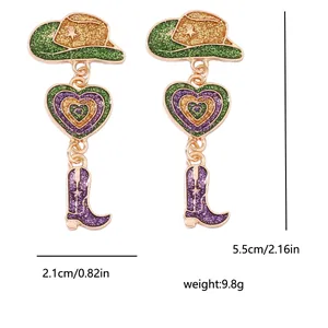 Detailed dimensions of Western cowboy style earrings with glitter hat and boots