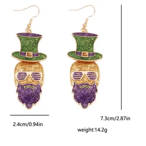 Detail view of St. Patrick's Day leprechaun earrings with green hat and purple glitter beard