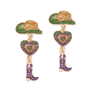 Glitter Enamel Western Cowboy Hat Heart Boot Drop Earrings Purple Green Gold Zinc Alloy Dangle Earrings Women Jewelry