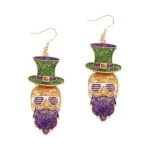 St Patrick's Day Leprechaun Drop Earrings Alloy Glitter Green Hat Sunglasses Purple Beard Funny Festive Women Jewelry