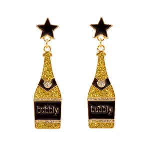 Champagne bottle earrings with golden sequins, black stars and bubbly text for party wear