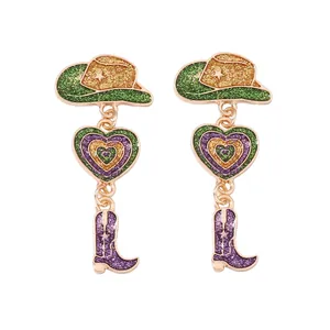 Western style drop earrings with glitter cowboy hat, heart, and boot in gold and green