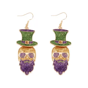 St. Patrick's Day green top hat and purple glitter beard drop earrings for women