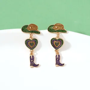 Glittery heart and cowboy boot drop earrings in green and purple enamel finish