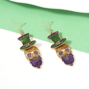 Saint Patrick's Day bearded man earrings with green hat and purple glitter finish