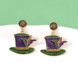 Pendientes de sombrero Mardi Gras coloridos con purpurina morada verde y dorada