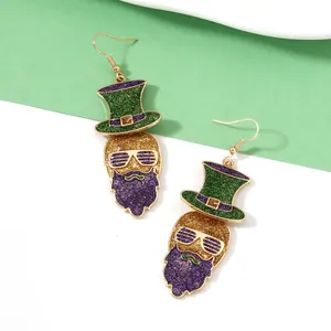 St. Patrick's Day glitter hat and beard drop earrings with gold hooks for women