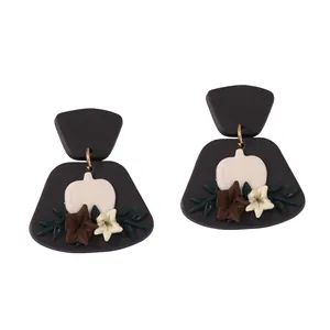 Handmade Halloween White Pumpkin Polymer Clay Drop Earrings For Women Vintage Floral Fall Jewelry Festive Party Gift