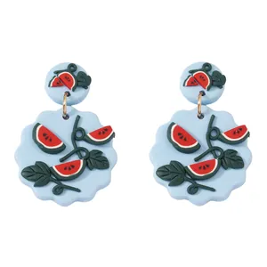 Summer handmade watermelon slice dangle earrings with light blue scalloped discs