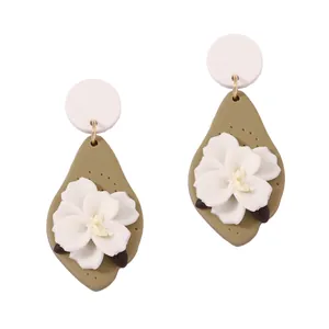 Handmade Polymer Clay Floral Drop Earrings Olive Green Cream White 3D Flower Teardrop Earrings For Women Fashion Jewelry
