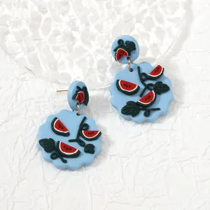 Handmade watermelon clay drop earrings with wavy blue disc design for summer fashion
