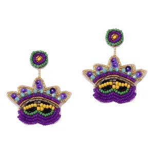 Mardi Gras Kralen Oorbellen Handgemaakte Seed Bead Kroon Masker Hangende Oorbellen Voor Vrouwen Paars Groen Geel Sieraden