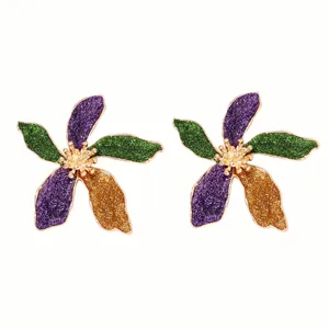 Funkelnde fünfblättrige Blumenohrstecker mit lila-grünem Glitzer und goldener Mitte