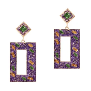 Pendientes de Gota Geométricos de Esmalte con Brillo Púrpura Verde Dorado Mardi Gras Carnaval Fiesta Joyería para Mujer