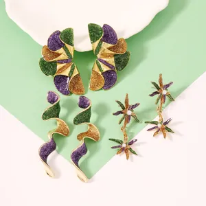 Boucles d'Oreilles Émaillées Pailletées Mardi Gras Alliage de Zinc Violet Vert Or Géométrique Fleur Spirale Tige Acier Inoxydable