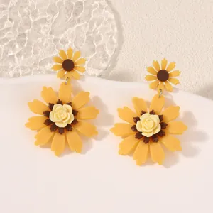 Fashionable yellow sunflower stud earrings with layered resin petals and rose center
