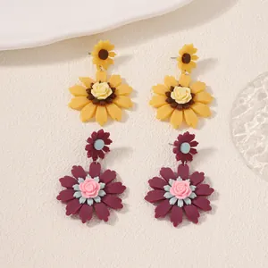 Handmade Polymer Clay Sunflower Rose Drop Earrings For Women Bohemian 3D Floral Dangle Earrings Summer Vacation Fashion Jewelry