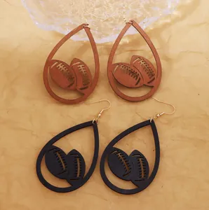 Mode Holz Laser Geschnitten Hohl Tropfen Rugby Fußball Muster Hängeohrringe Für Damen Sport Fans Schmuck Geschenk