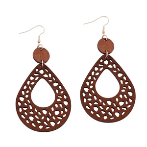 Bohemian style hollow teardrop wooden earrings with geometric mesh design and gold hooks