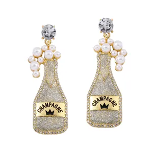 Creative champagne bottle earrings with glitter finish, pearls, and crystals for women